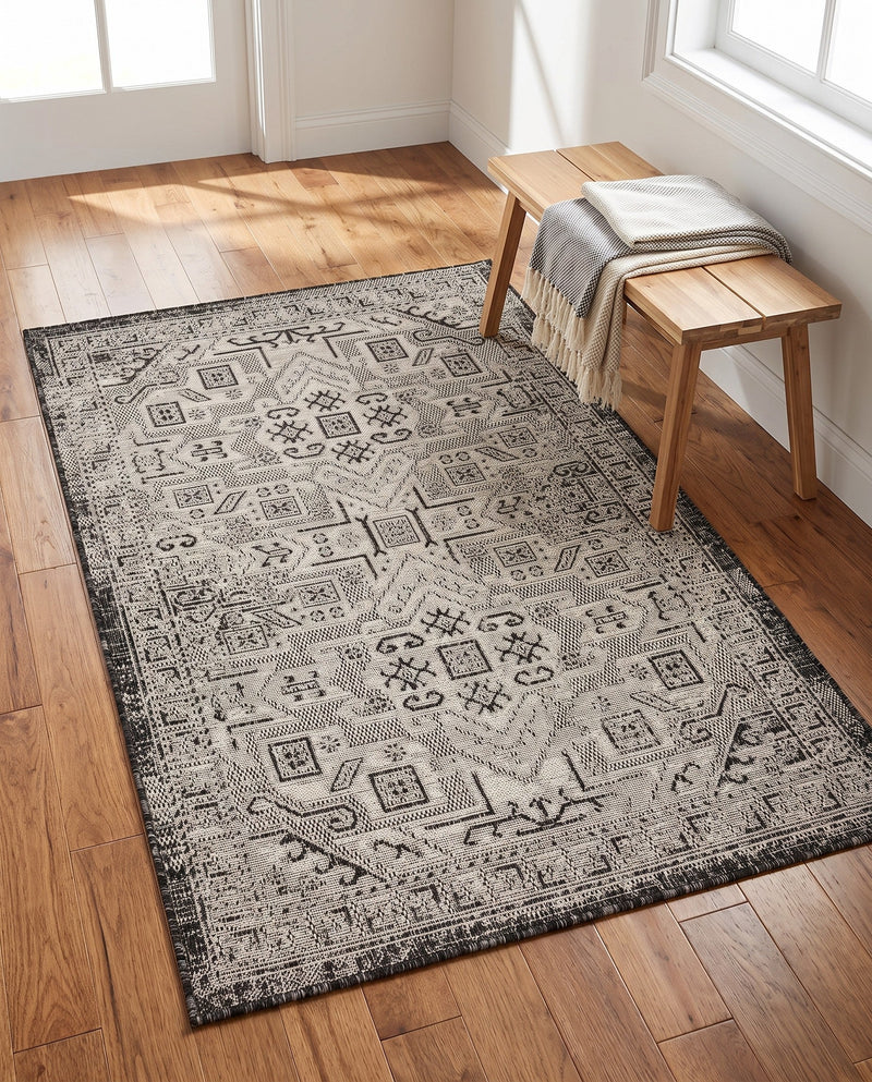 Tribal Terrace Treasures Collection Area Rug - Mayan Marina (Charcoal Gray) Rectangle Charcoal Gray  lifestyle 49