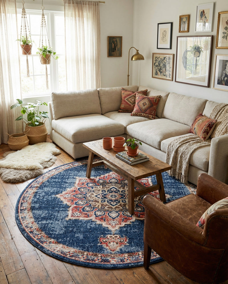 Eden Oasis Collection Area Rug -  Tranquility (Dark Blue) Round Dark Blue  lifestyle 37