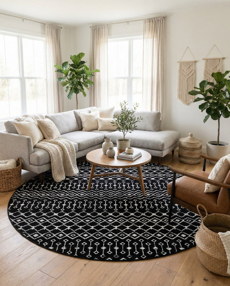 Marrakech Lattice Collection Area Rug - Medina (Black) Round Black  lifestyle 27
