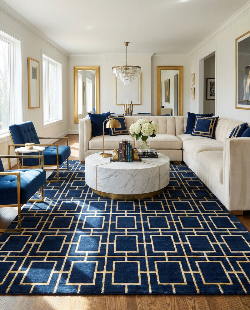 Hollywood Luxe Collection Area Rug -  Beverly (Navy Blue Gold) Rectangle Navy Blue Gold  lifestyle 16