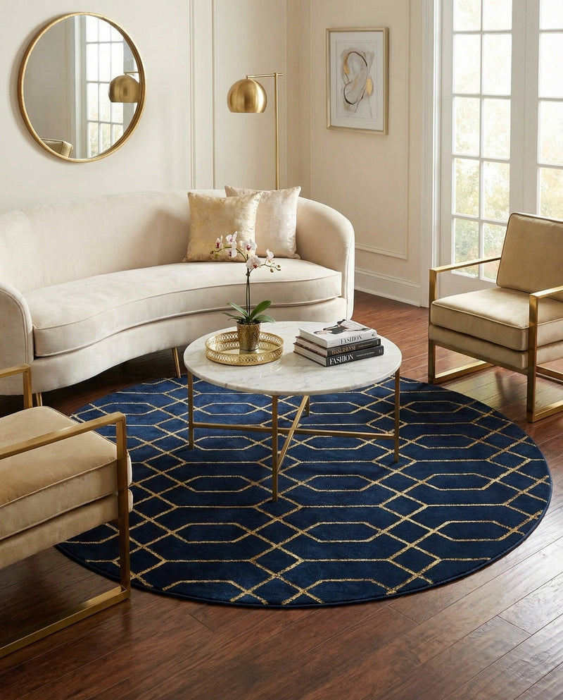Hollywood Luxe Collection Area Rug - Sunset (Navy Blue Gold) Round Navy Blue Gold  lifestyle 50