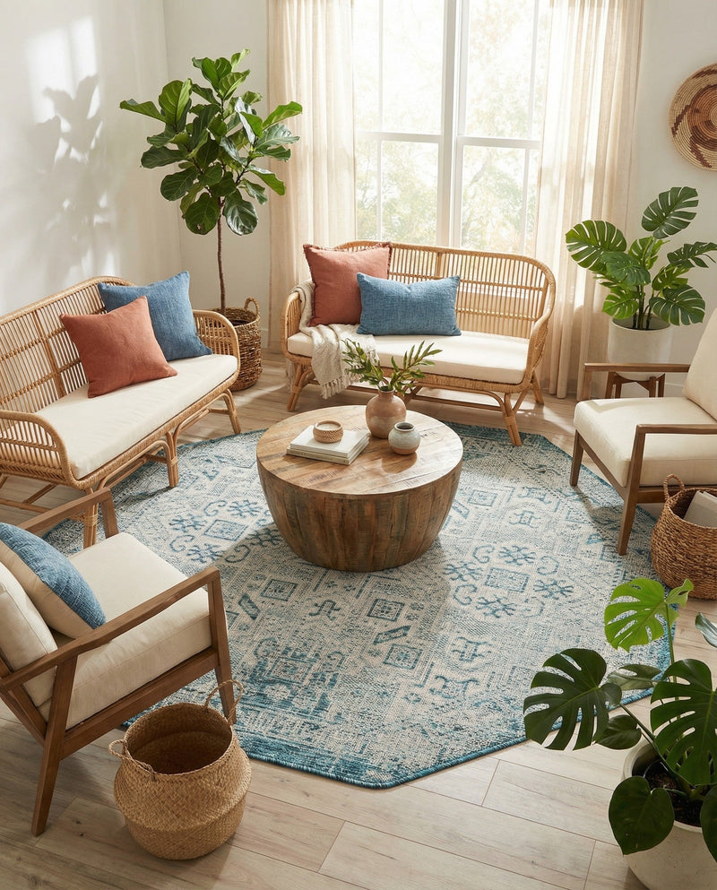 Tribal Terrace Treasures Collection Area Rug - Mayan Marina (Teal) Octagon Teal  lifestyle 79