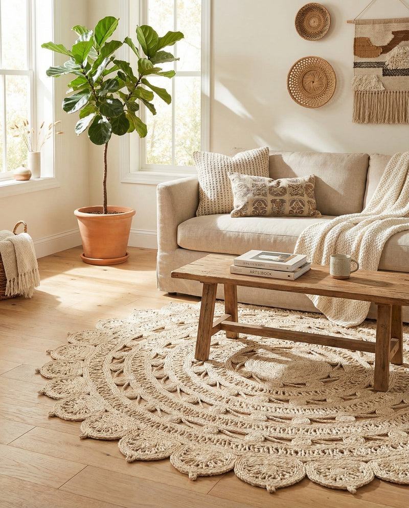 Woven Seaside Jute Collection Area Rug - Coastalhaven (Ivory) Round Ivory  lifestyle 13