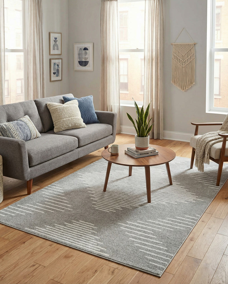 Seychelles Stripes Collection Area Rug - Mahe (Gray and Ivory) Rectangle Gray and Ivory  lifestyle 14