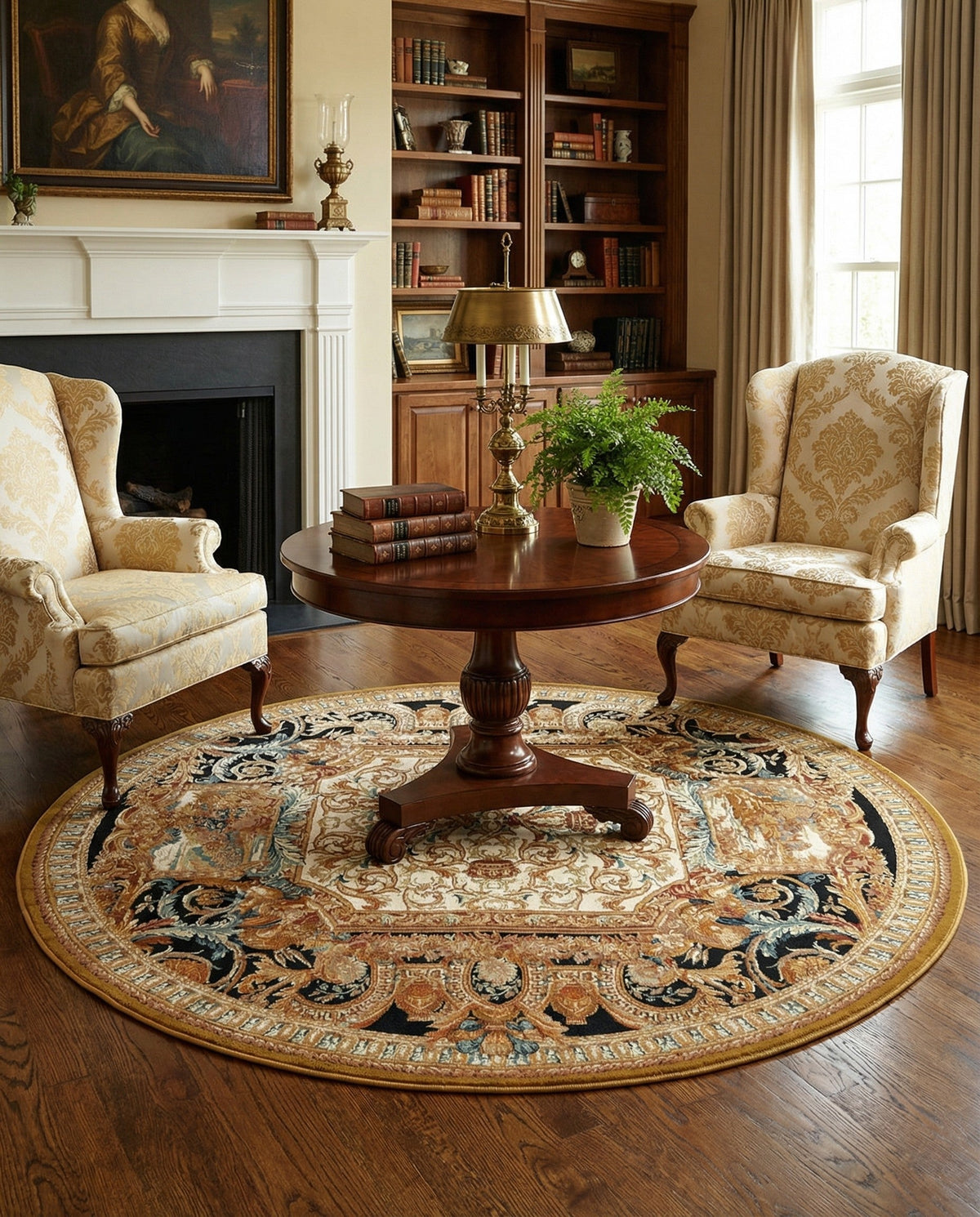 Patio Heritage Collection Area Rug - Veranda Round Black Gold Brown  lifestyle 96