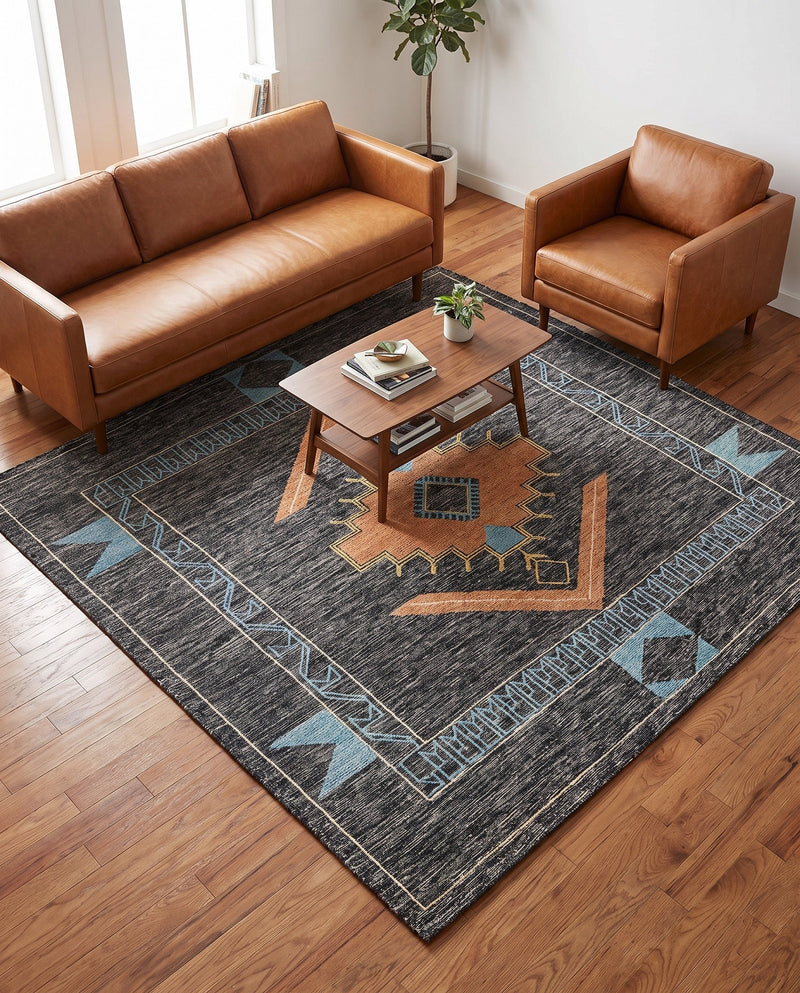 Caspian Wool Collection Area Rug - Ephesus Square Charcoal Gray  lifestyle 55
