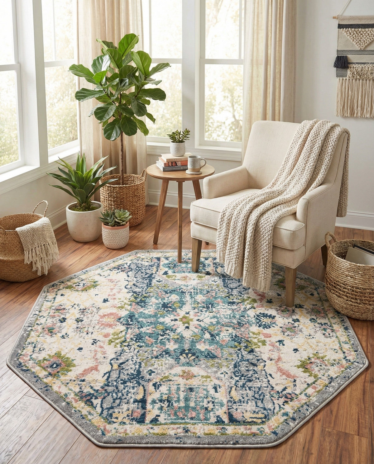 Savannah Elegance Collection Area Rug -  Azalea Octagon Ivory  lifestyle 175