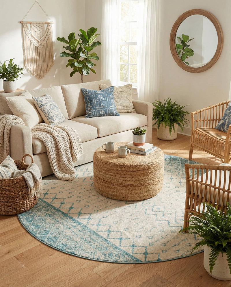 Mediterranean Lattice Collection Area Rug -  Casablanca (Ivory Blue) Round Ivory Blue  lifestyle 70