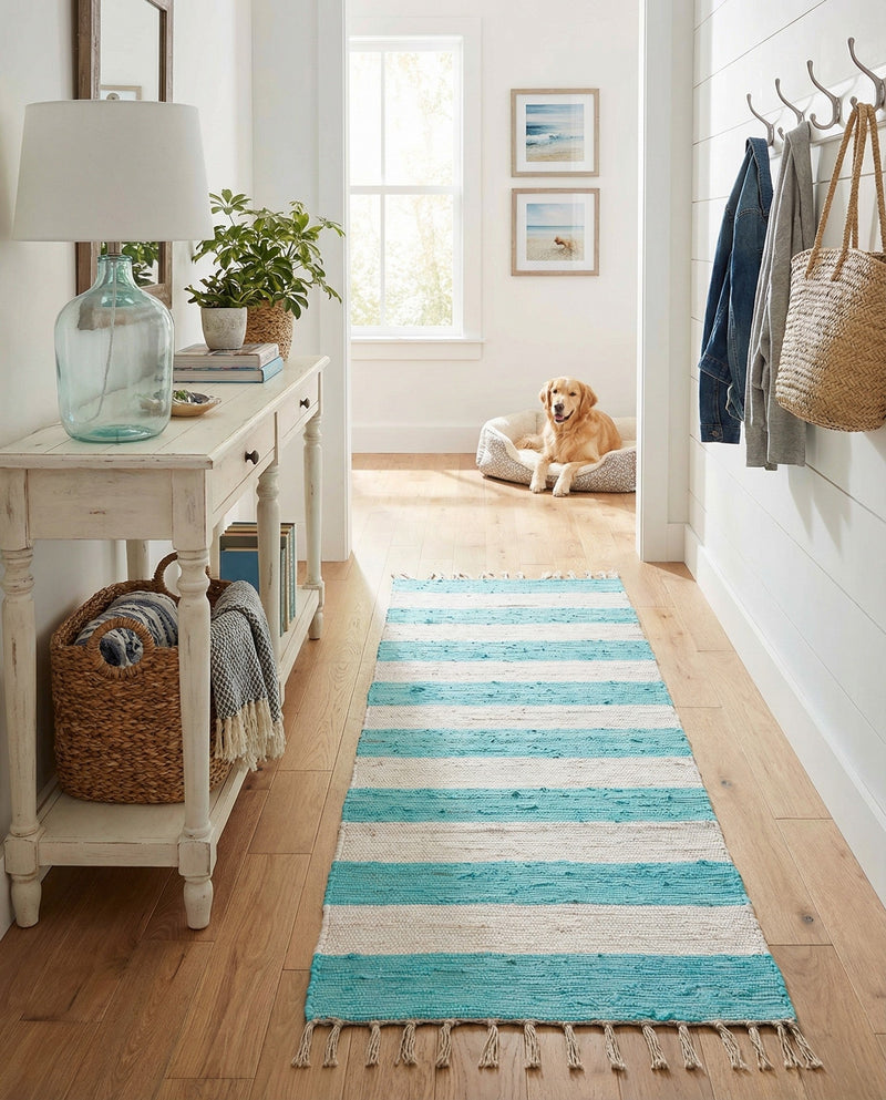 Tassel Trail Collection Area Rug - Pathway (Turquoise and Ivory) Runner Turquoise and Ivory  lifestyle 52