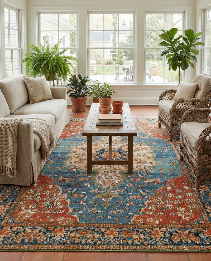 Patio Heritage Collection Area Rug -  Grove Rectangle Navy Blue and Rust Red  lifestyle 19