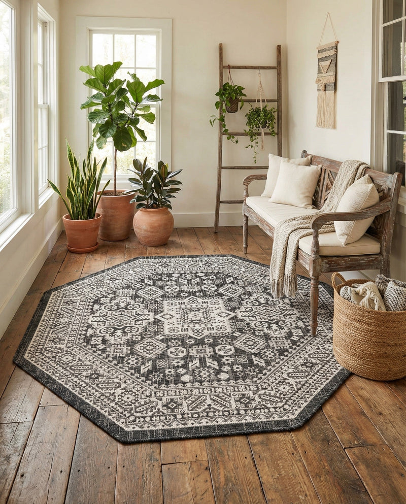 Tribal Terrace Treasures Collection Area Rug -  Incan Isle (Charcoal Gray) Octagon Charcoal Gray  lifestyle 39