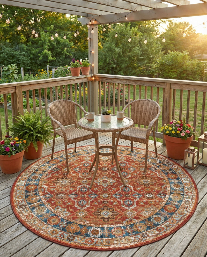 Patio Heritage Collection Area Rug -  Eden Round Antique Red  lifestyle 77