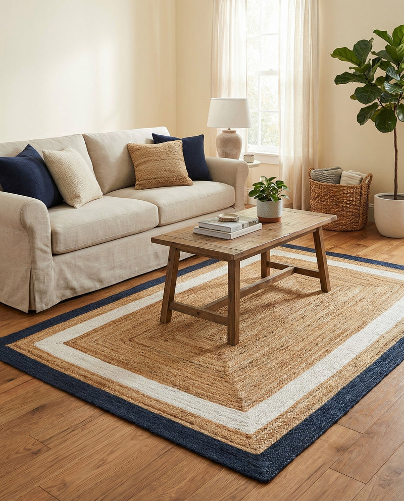 Woven Seaside Jute Collection Area Rug - Nantucket Rectangle Navy Blue White Natural  lifestyle 37