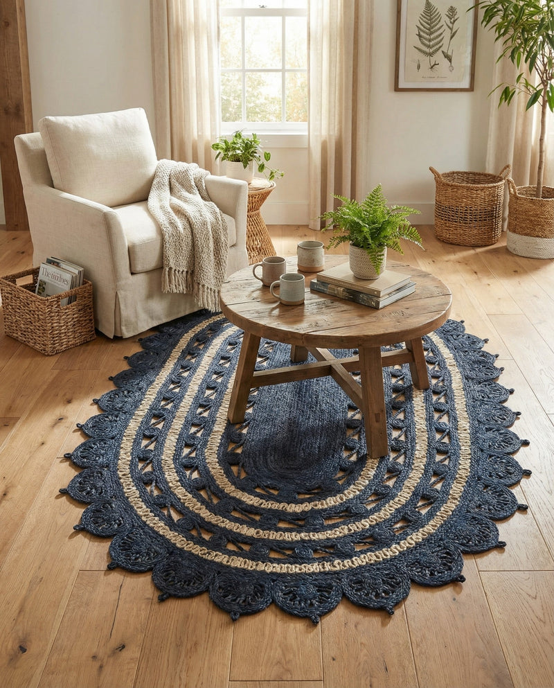 Woven Seaside Jute Collection Area Rug - Coastalhaven (Navy Blue and White) Oval Navy Blue and White  lifestyle 22