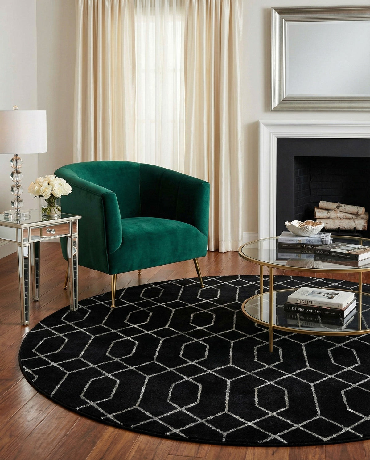 Hollywood Luxe Collection Area Rug - Sunset Round Black and Silver  lifestyle 231