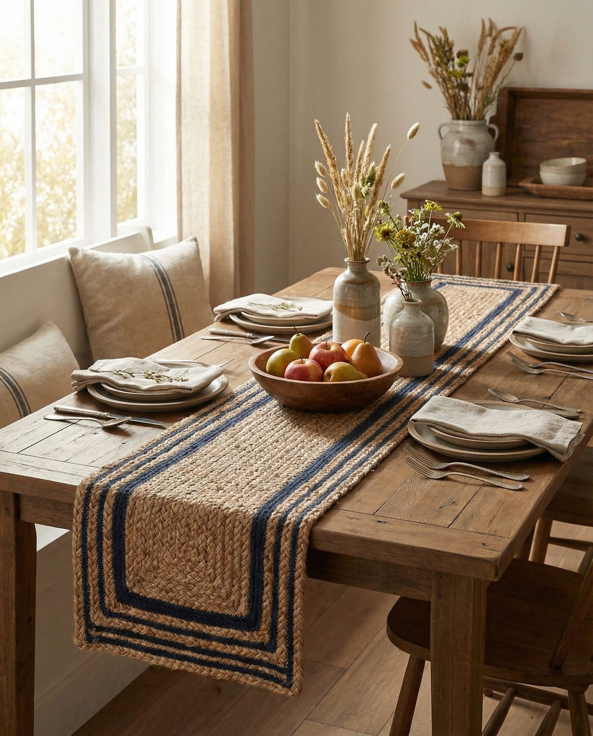 Woven Seaside Jute Collection Area Rug - Nantucket Table Runner Natural and Navy Blue  lifestyle 59