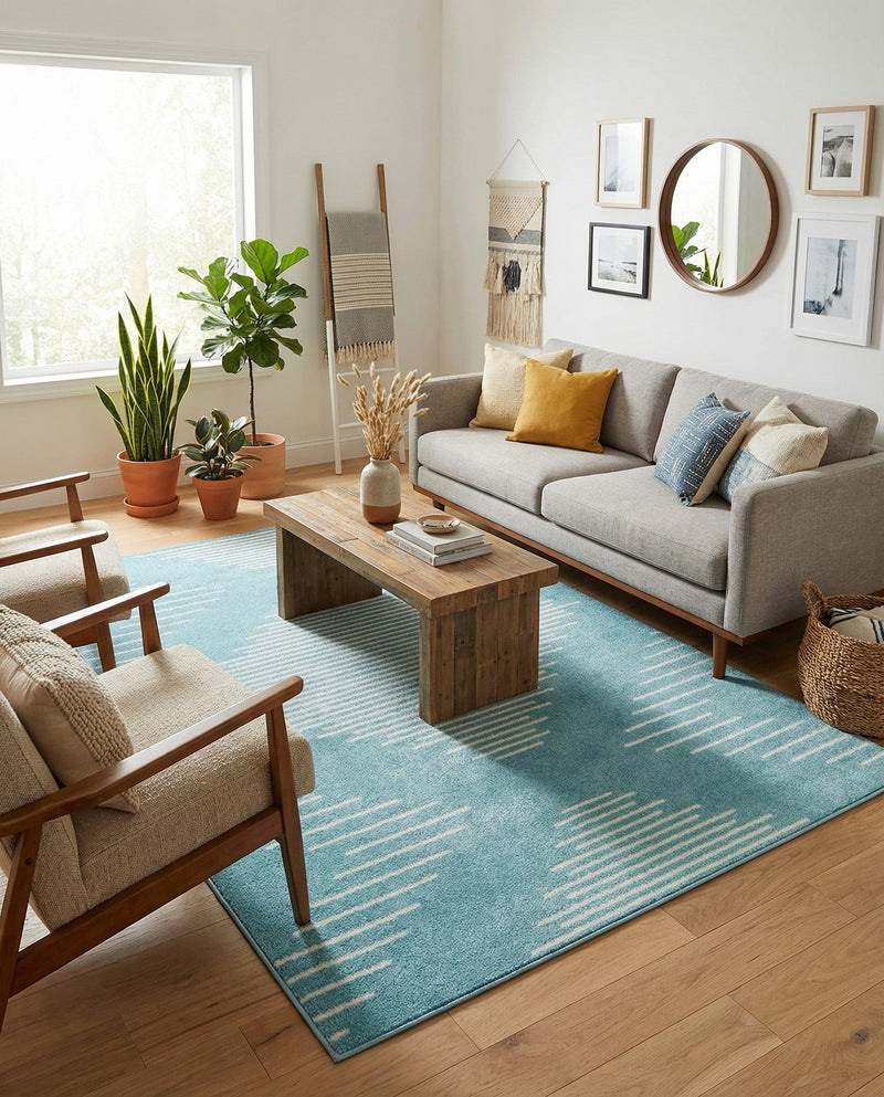 Seychelles Stripes Collection Area Rug - Mahe (Light Blue) Rectangle Light Blue  lifestyle 9