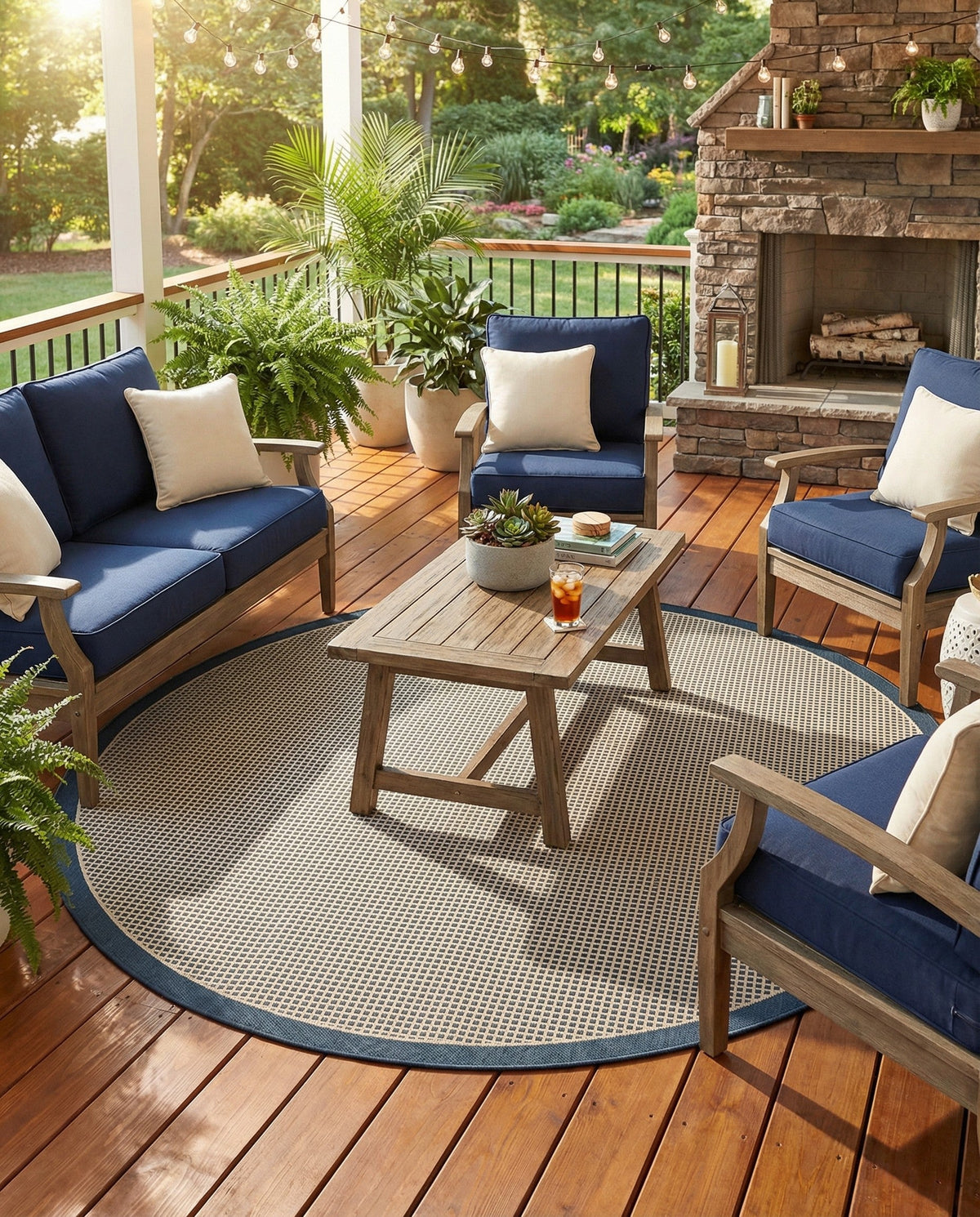 Terrace Fringe Collection Area Rug - Oceanside Round Navy Blue  lifestyle 194