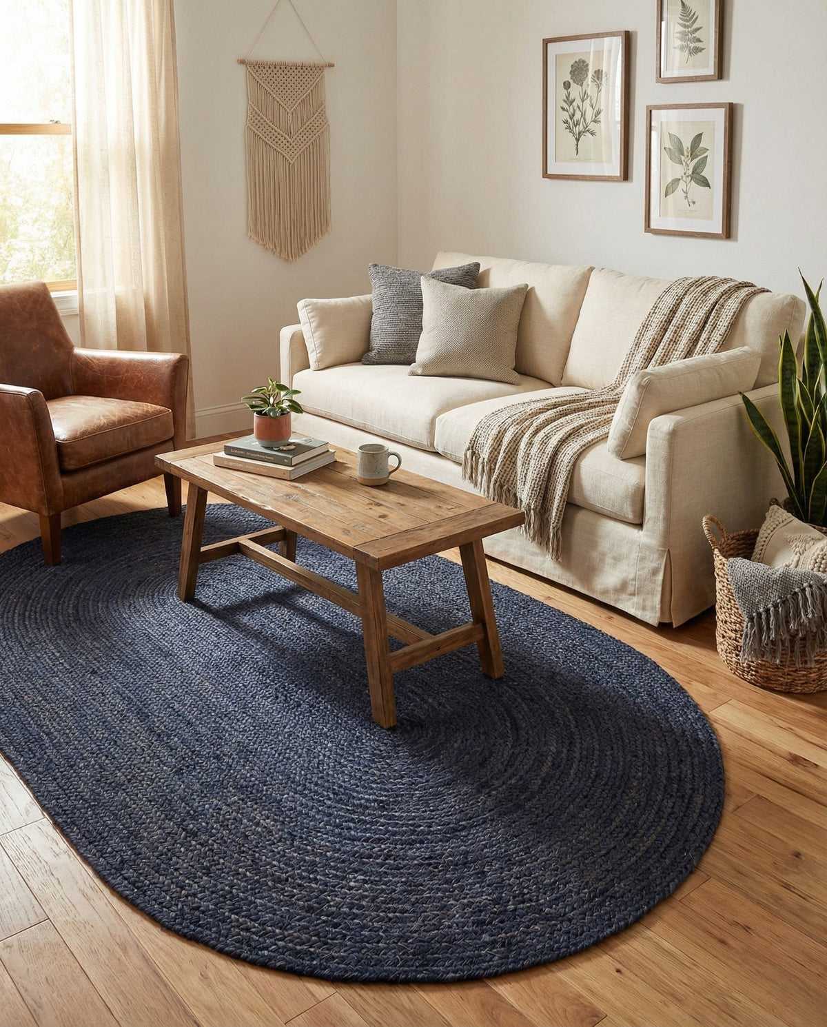 Woven Seaside Jute Collection Area Rug - Savannah (Navy Blue) Oval Navy Blue  lifestyle 56