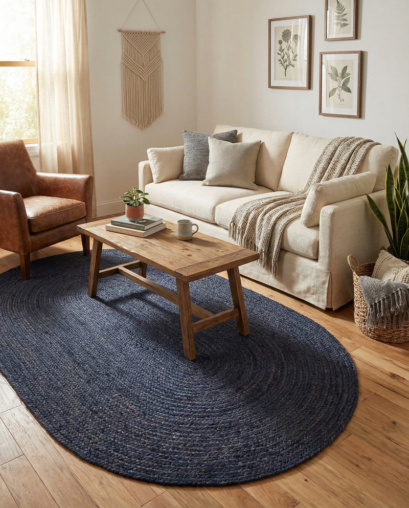 Woven Seaside Jute Collection Area Rug - Savannah (Navy Blue) Oval Navy Blue  lifestyle 56