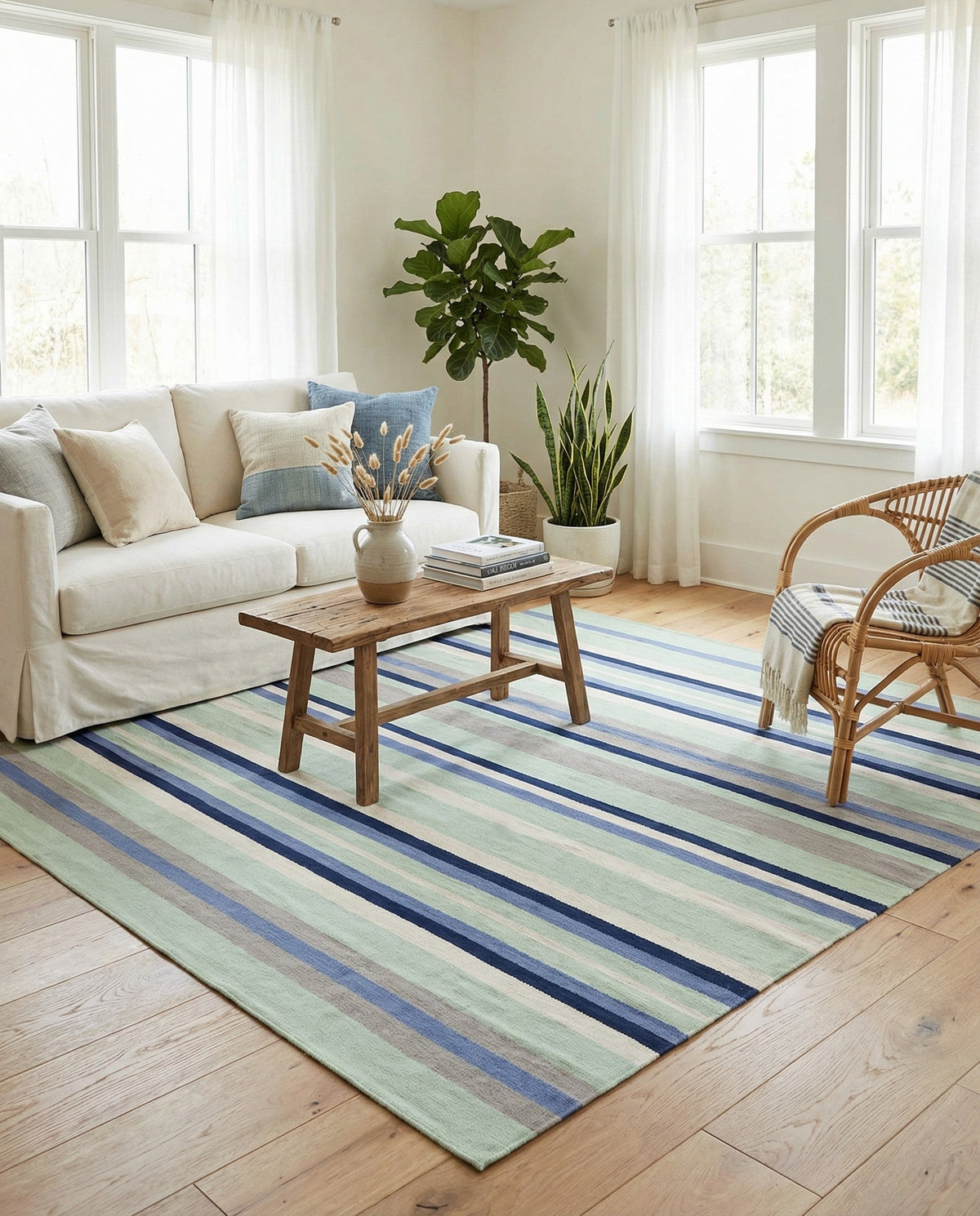 Coastal Stripe Dhurrie Collection Area Rug - Seashore Square Aqua Blue and Gray  lifestyle 113