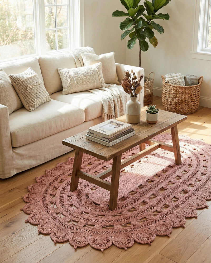 Woven Seaside Jute Collection Area Rug - Coastalhaven (Pink) Oval Pink  lifestyle 30