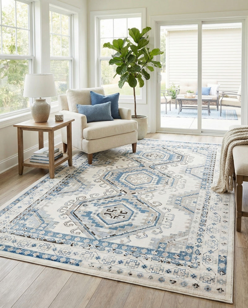 Savannah Elegance Collection Area Rug -  Tybee (Ivory Aqua) Rectangle Ivory Aqua  lifestyle 14