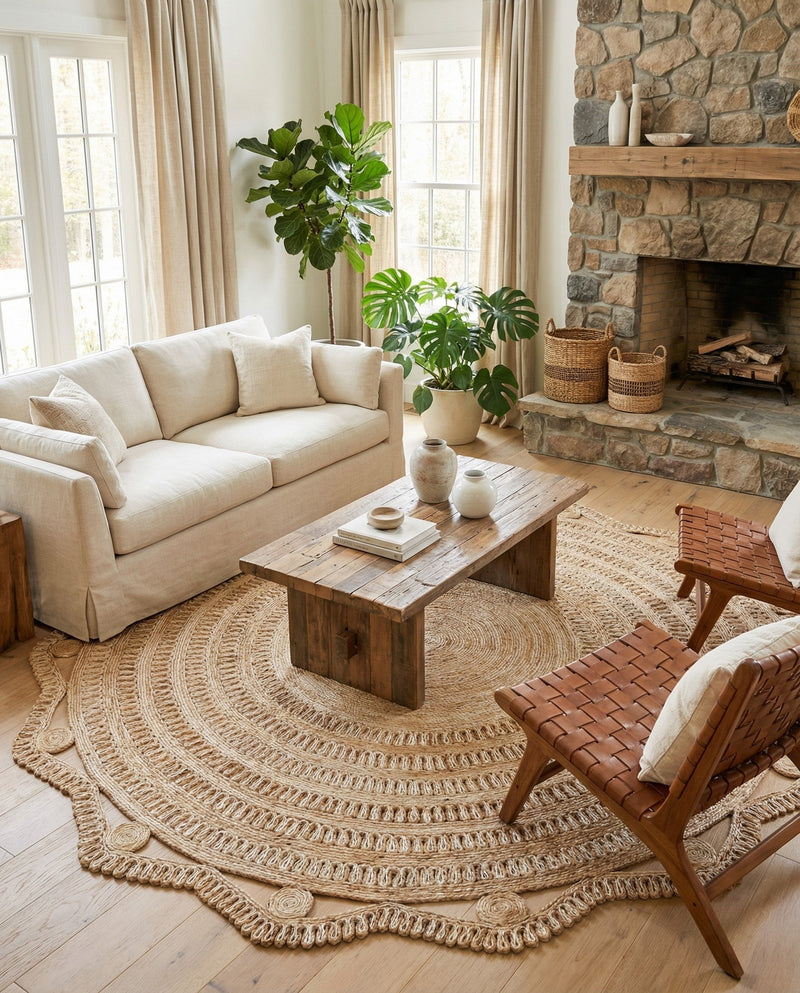 Woven Seaside Jute Collection Area Rug - Nantucket Round Natural and White  lifestyle 69