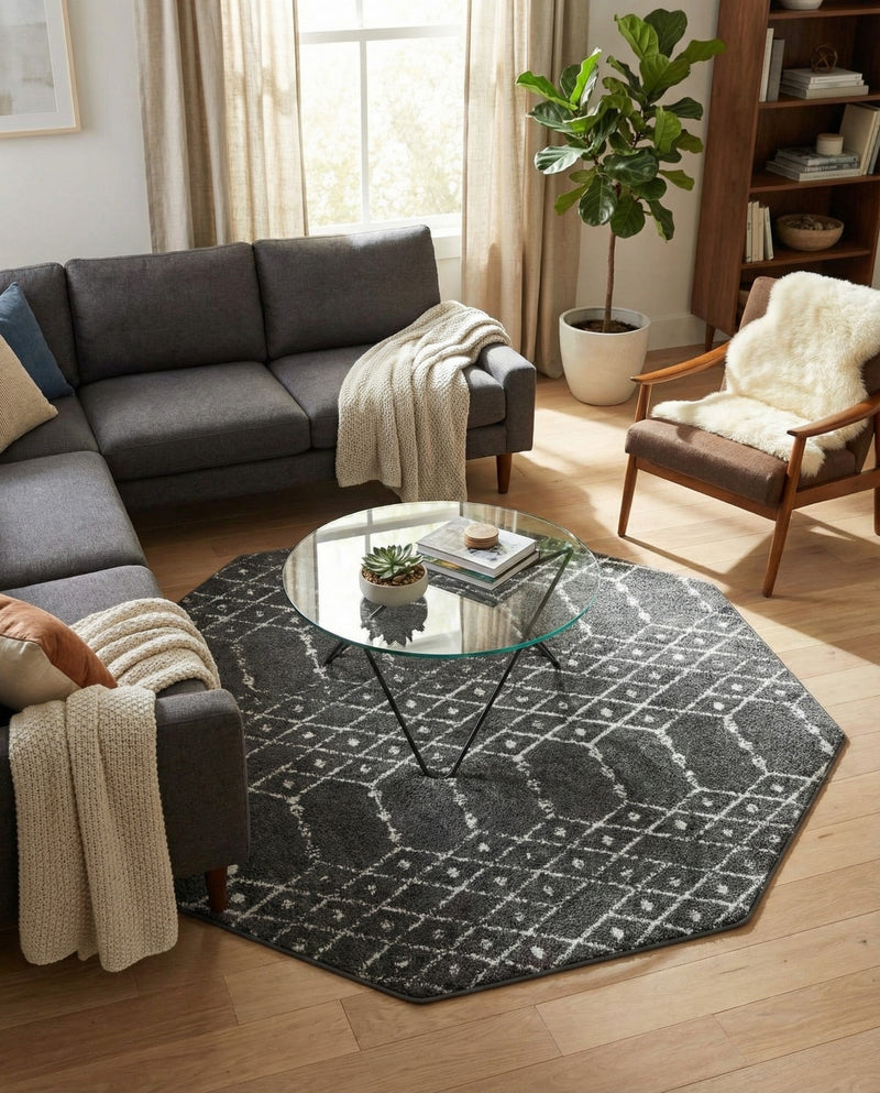 Marrakesh Lattice Collection Area Rug - Casablanca (Charcoal Gray) Octagon Charcoal Gray  lifestyle 71