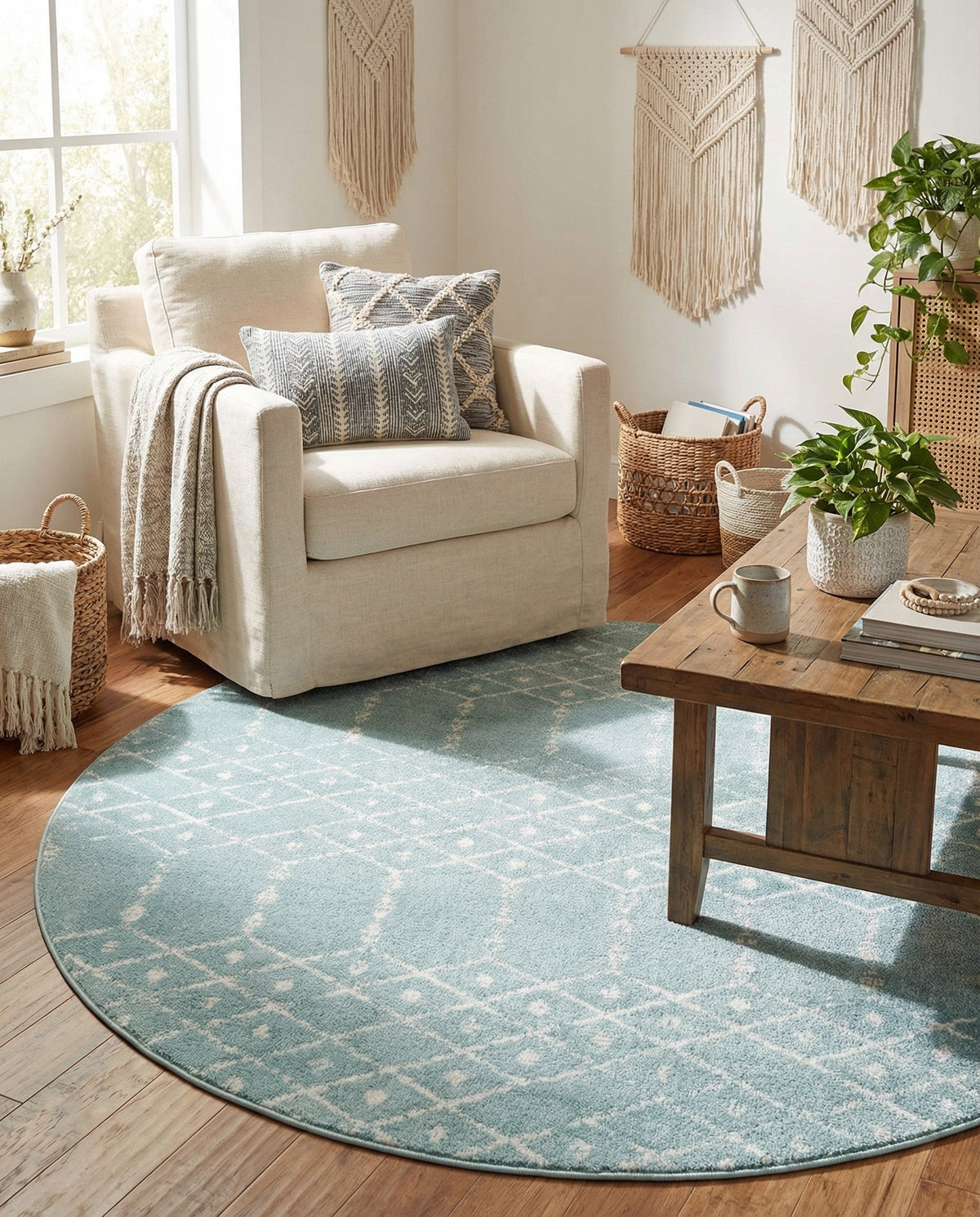 Marrakesh Lattice Collection Area Rug - Casablanca (Aqua) Round Aqua  lifestyle 88
