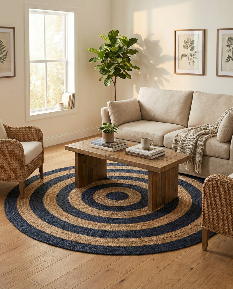 Woven Seaside Jute Collection Area Rug - Nautilus Round Navy Blue Natural  lifestyle 63