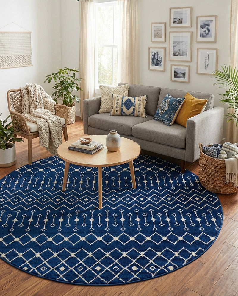 Mediterranean Lattice Collection Area Rug - Santorini (Navy Blue) Round Navy Blue  lifestyle 72