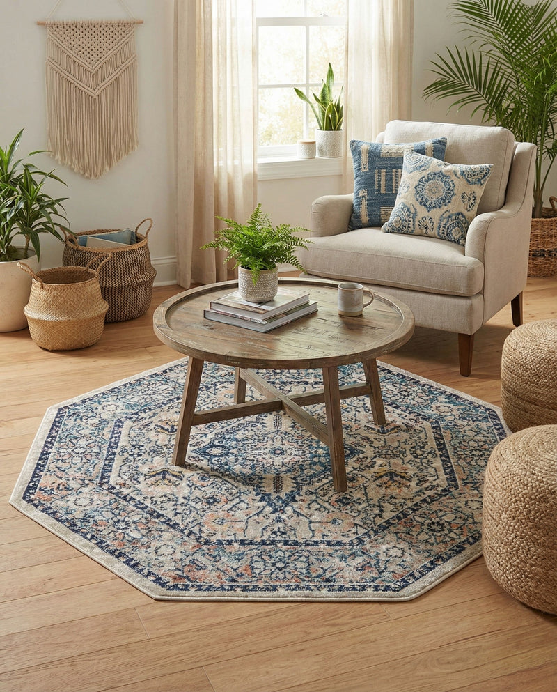Seville Stripes Collection Area Rug - Cadiz (Blue) Octagon Blue  lifestyle 55