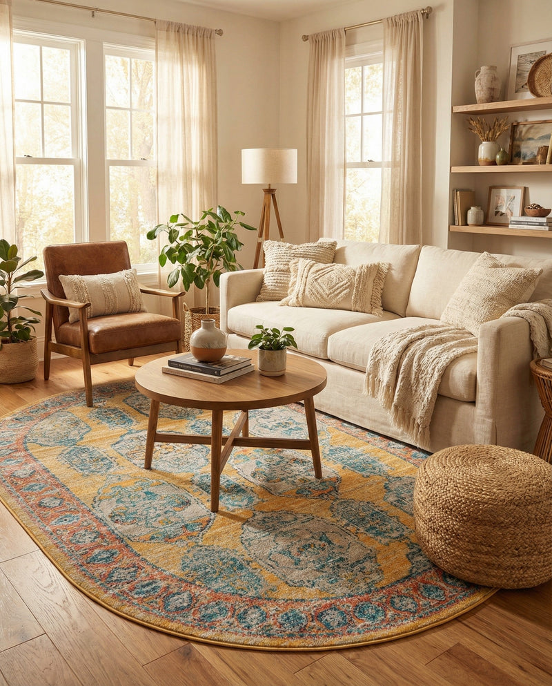 Seville Stripes Collection Area Rug -  Granada (Yellow) Oval Yellow  lifestyle 60