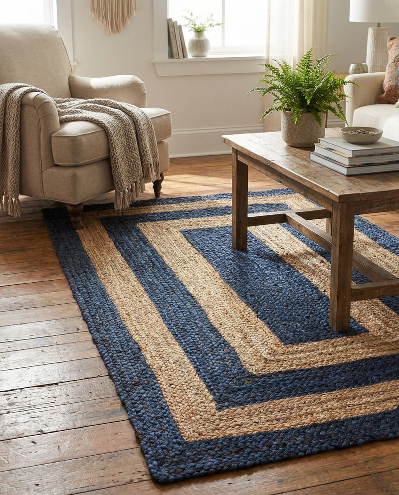 Woven Seaside Jute Collection Area Rug - Nautilus Rectangle Navy Blue Natural  lifestyle 13