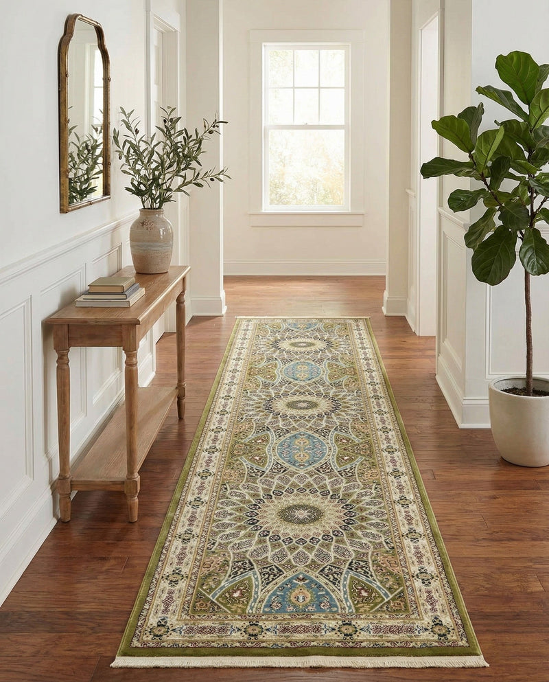 Persian Elegance Collection Area Rug -  Hamedan (Green) Runner Green  lifestyle 32