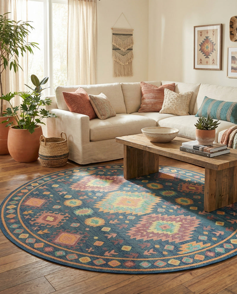 Coastal Terrace Collection Area Rug -  Dunes Round Navy Blue  lifestyle 60