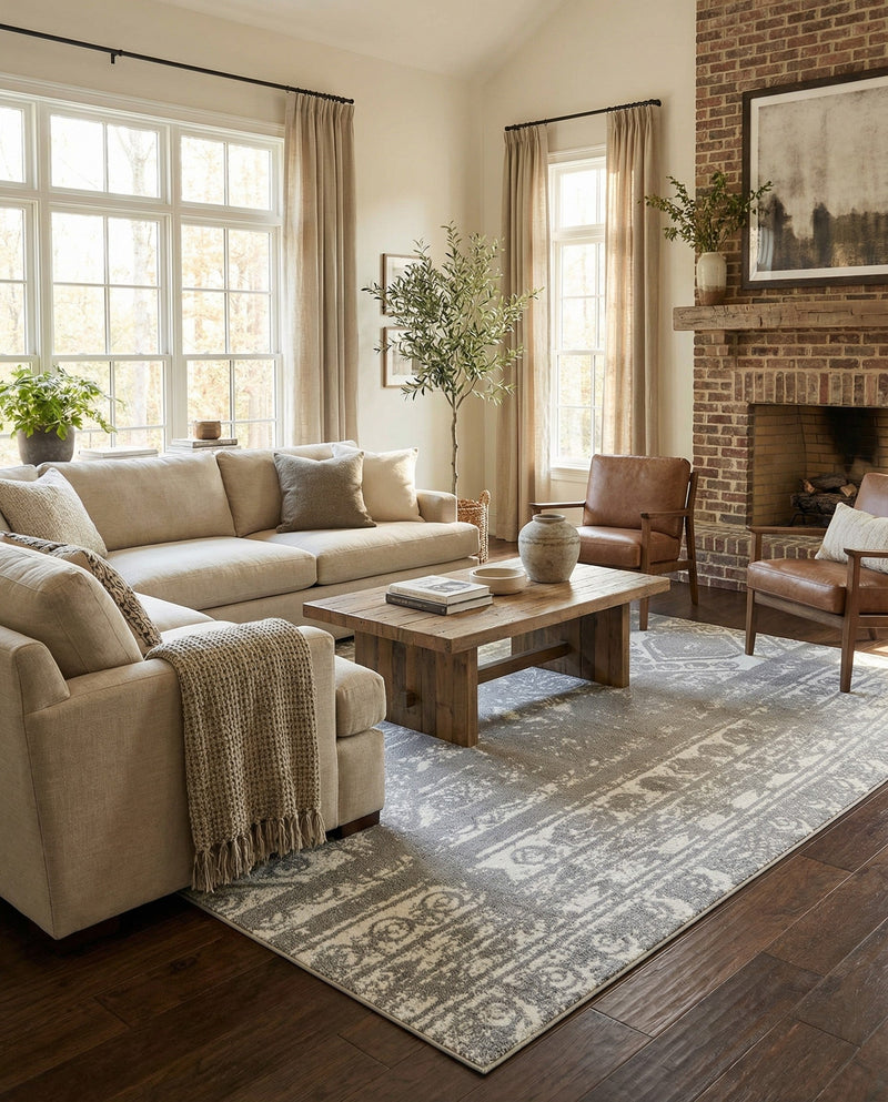 Brighton Stripes Collection Area Rug - Sussex (Ivory and Gray) Rectangle Ivory and Gray  lifestyle 26