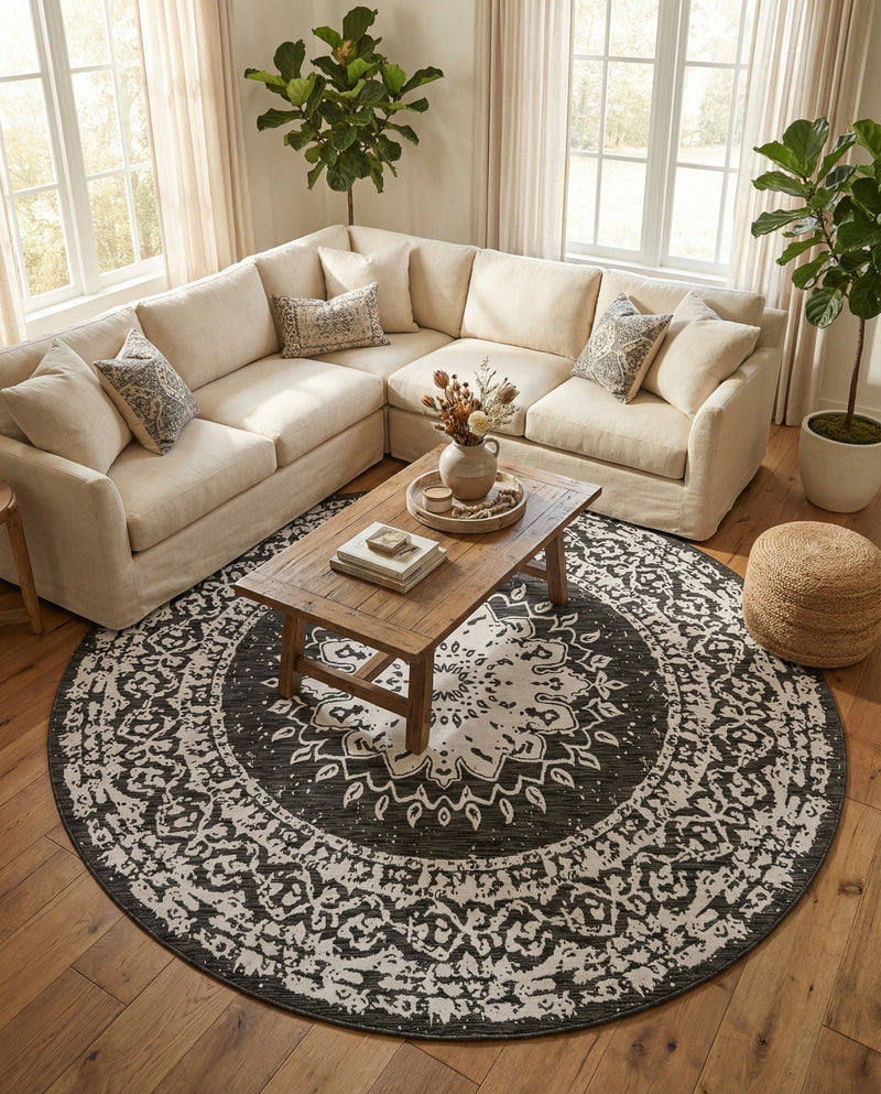 Patio Heritage Collection Area Rug -  Lafayette (Black and White) Round Black and White  lifestyle 21