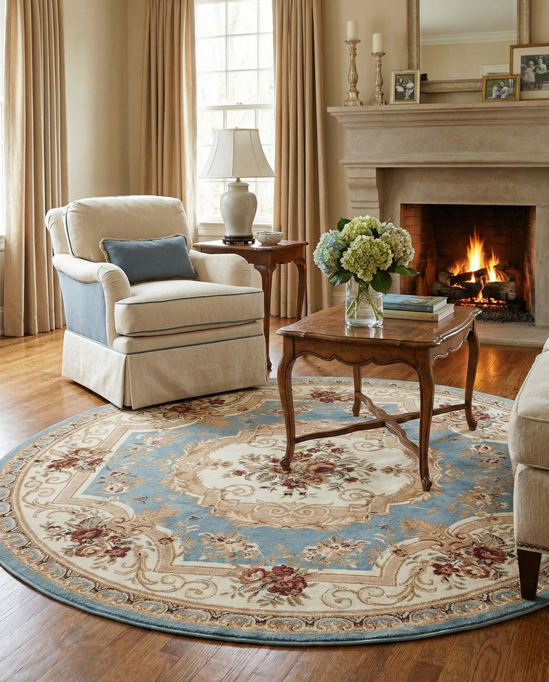 Versailles Elegance Collection Area Rug -  Louveciennes (Light Blue) Round Light Blue  lifestyle 79