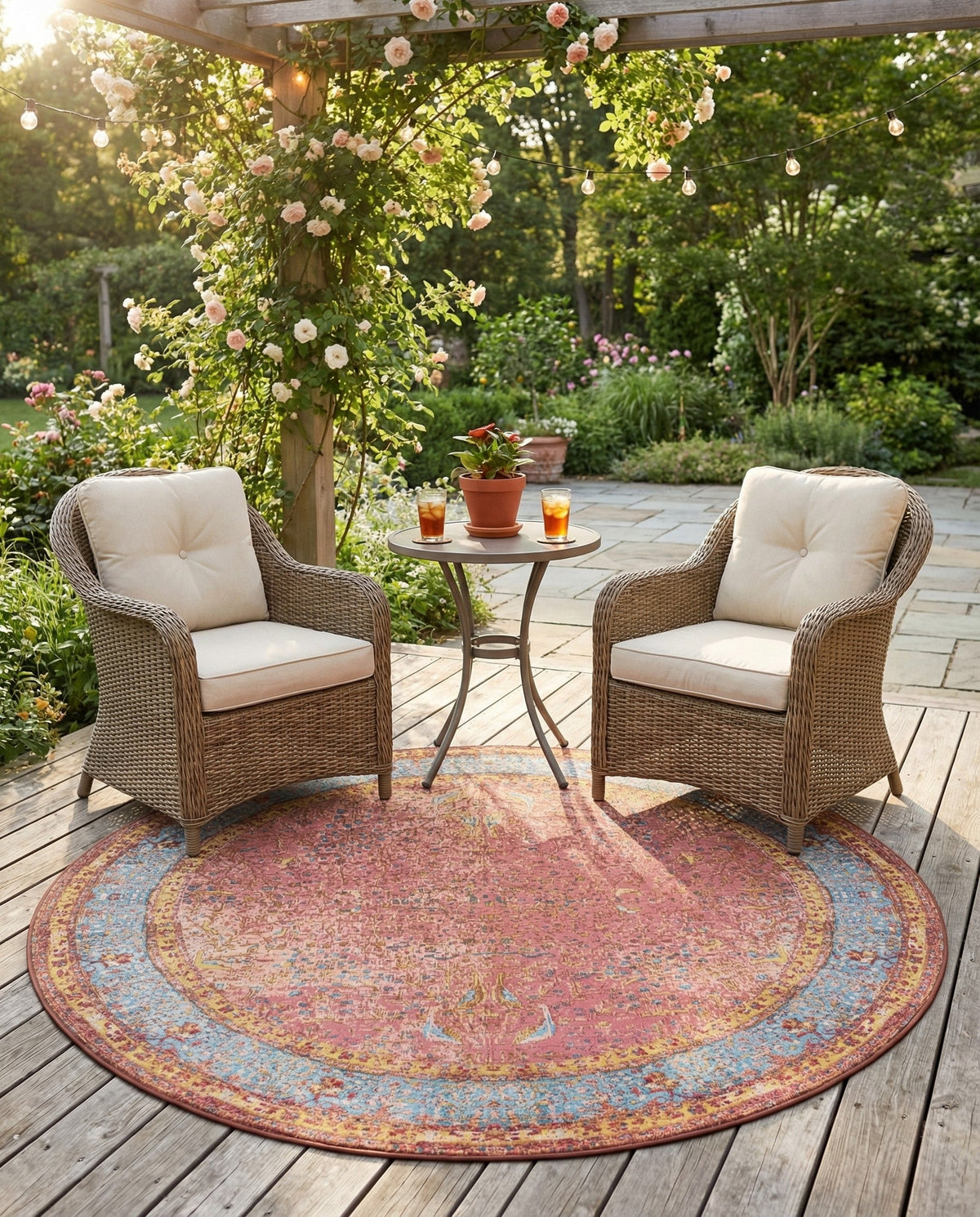 Patio Heritage Collection Area Rug -  Serenity Round Vintage Salmon Coral  lifestyle 93