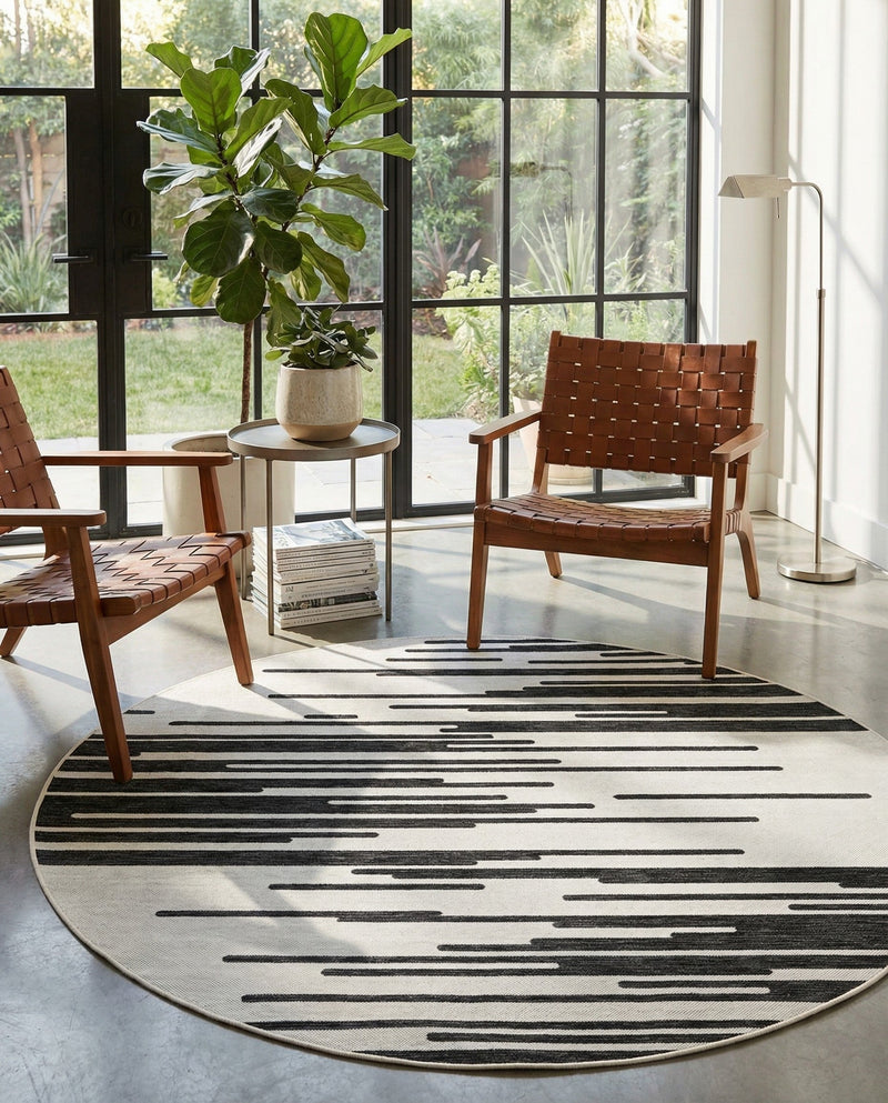 Urban Terrace Collection Area Rug -  Riverside Round Black and White  lifestyle 72