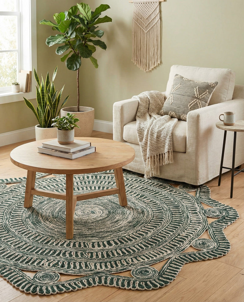 Woven Seaside Jute Collection Area Rug - Nantucket Round Green and White  lifestyle 65