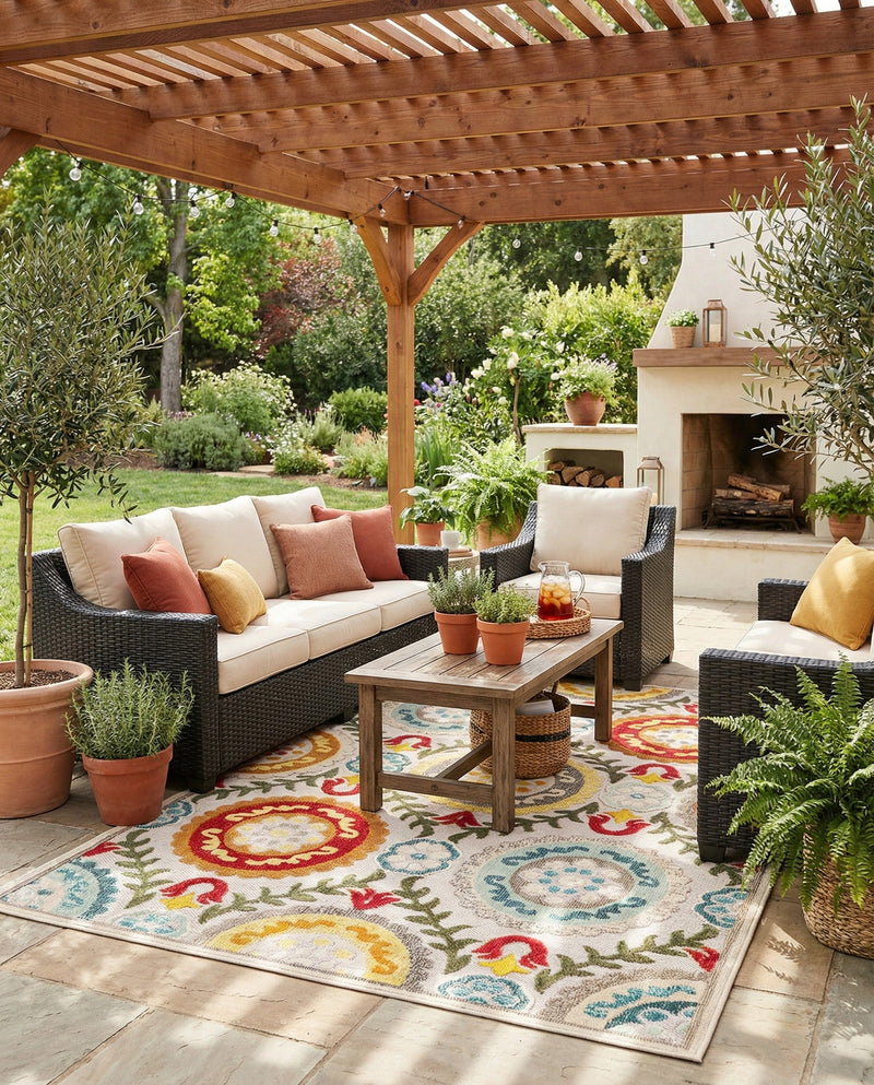 Outdoor Marrakesh Collection Area Rug -  Asilah Rectangle Ivory Beige  lifestyle 6