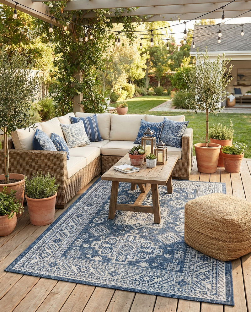 Tribal Terrace Treasures Collection Area Rug -  Incan Isle (Blue) Rectangle Blue  lifestyle 7