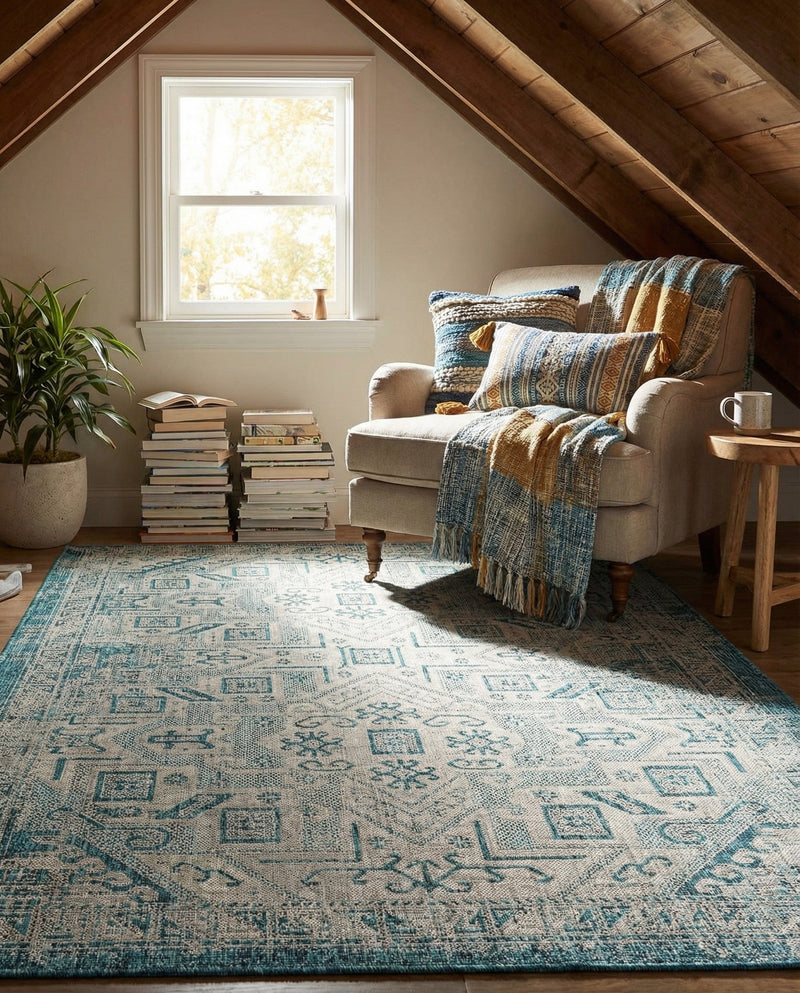 Tribal Terrace Treasures Collection Area Rug - Mayan Marina (Teal) Rectangle Teal  lifestyle 13