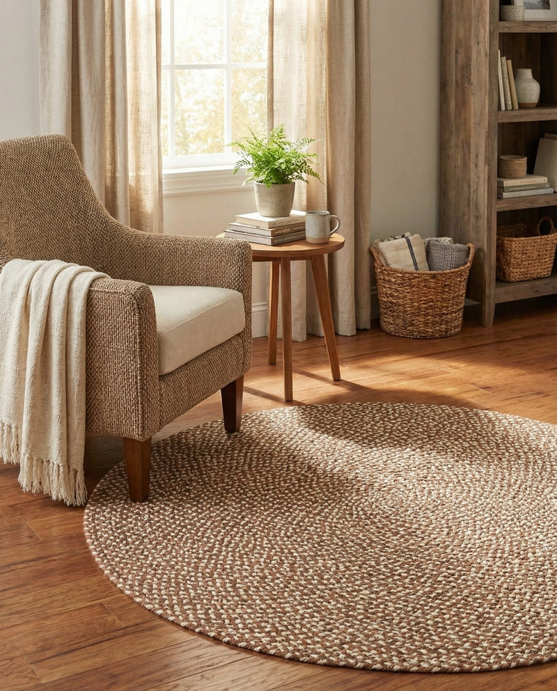 Highland Woven Jute Collection Area Rug - Glenmore (Light Brown) Round Light Brown  lifestyle 37
