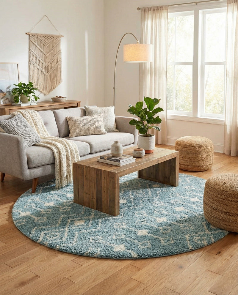 Berber Lattice Shag Collection Area Rug - Atlas (Light Blue) Round Light Blue  lifestyle 28