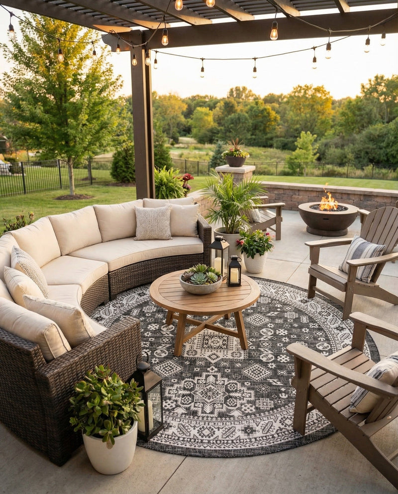 Tribal Terrace Treasures Collection Area Rug -  Incan Isle (Charcoal Gray) Round Charcoal Gray  lifestyle 66