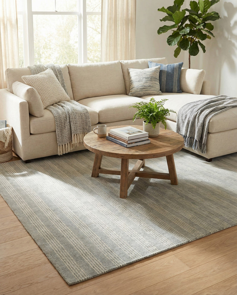 Hampton Stripes Wool Collection Area Rug - Montauk Rectangle Earl Gray  lifestyle 31
